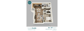A floor plan for a 1 bedroom, 1 bathroom apartment is shown.