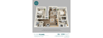 A 2 bedroom apartment with 2 bathrooms is shown in the image.