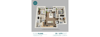 A 2 bedroom, 2 bath apartment layout from Thereefapt.com.