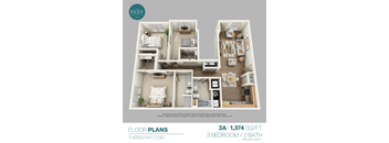 A 3A floor plan for a 1,374 square foot apartment with three bedrooms and two bathrooms.