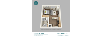 A floor plan for a studio apartment with one bedroom, one bathroom, and one studio space.