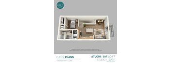 A floor plan of a studio apartment with a bedroom, living room, and kitchen area.