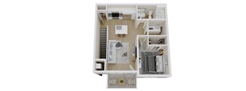 a stylized floor plan of a house with a bedroom and living room