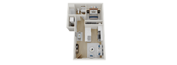 a 3d rendering of a bedroom with a bathroom and a living room