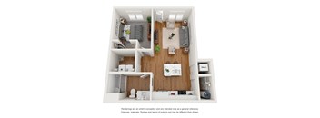 a stylized floor plan with a bedroom and a living room  at Tivoli Green Apartments & Townhomes, Wisconsin, 53406