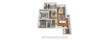 a stylized 3d floor plan with a bedroom and living room  at Tivoli Green Apartments & Townhomes, Mount Pleasant, Wisconsin
