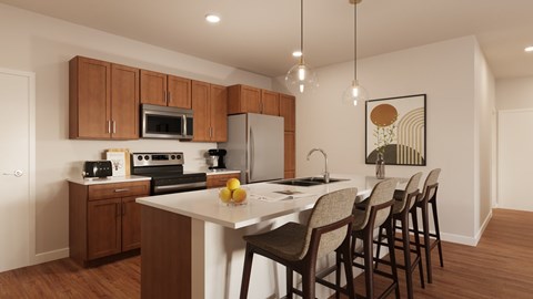 A kitchen with brown cabinets and a white island.