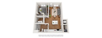 A floor plan of a small apartment with a kitchen, living room, and bathroom.
