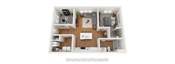 A top-down view of a modern apartment layout with a kitchen, living room, and two bedrooms.