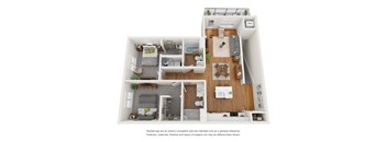 A floor plan of a house with a living room, kitchen, and two bedrooms.