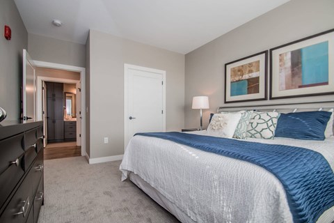 A bedroom with a large bed and a dresser.
