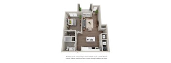 A 3D floor plan of a house with a kitchen, living room, and two bedrooms.