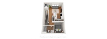 A floor plan of a small apartment with a kitchen, living room, and bedroom.