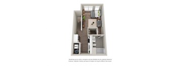 A floor plan of a small apartment with a kitchen, living room, and bathroom.