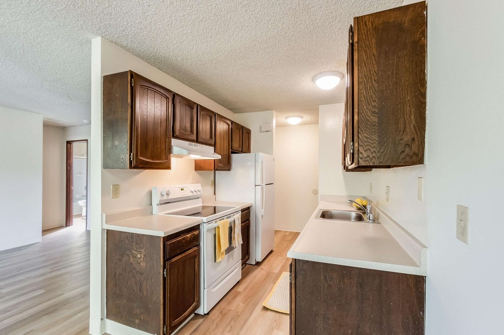 kitchen with stove, fridge, counters and sink
