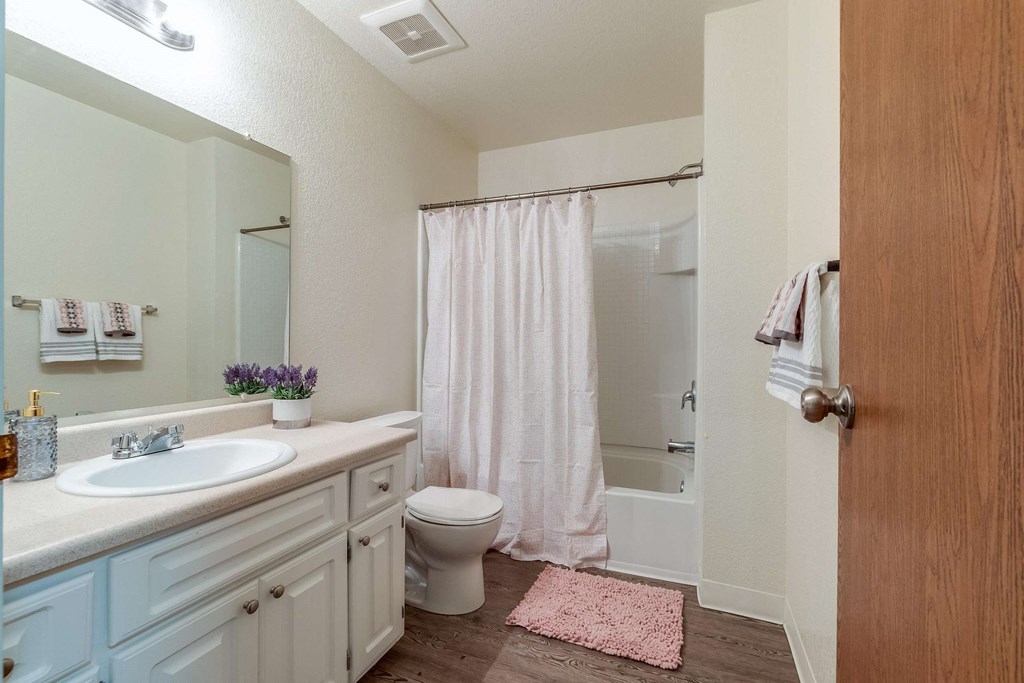 bathroom with toilet, shower, sink