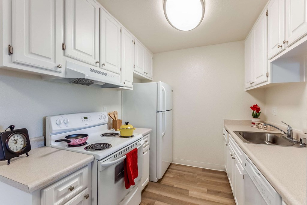 kitchen with stove, fridge, sink, and dishwasher
