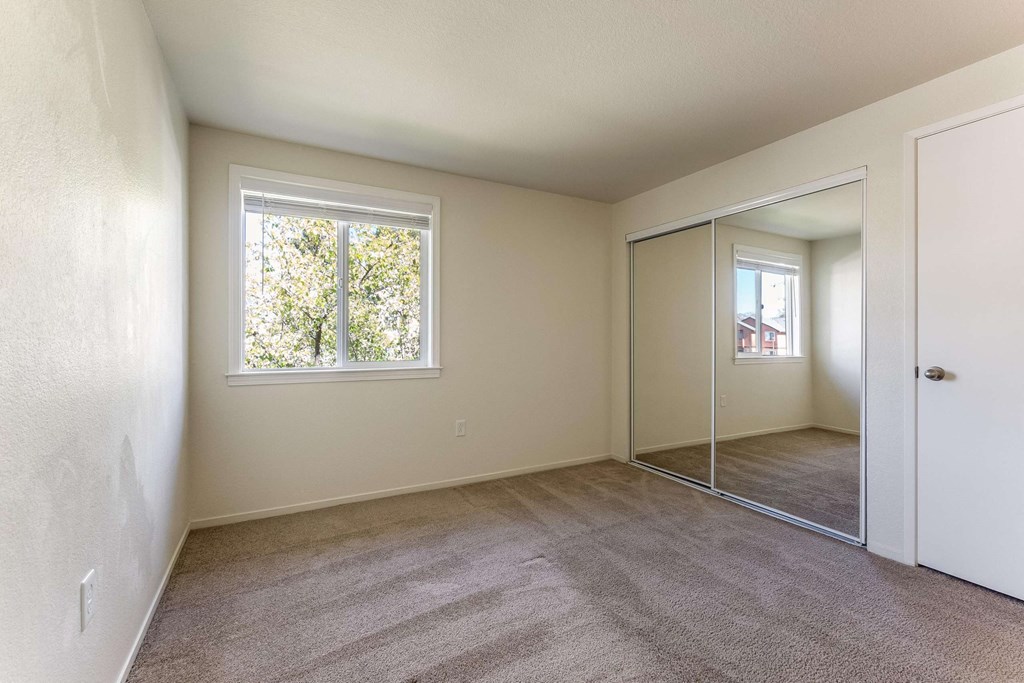 bedroom with mirrored closet doors