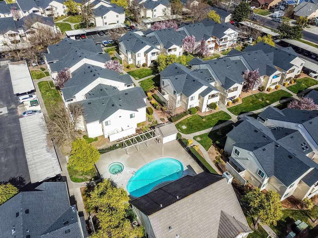 aerial view of apartments and pool