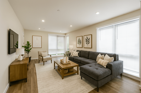 A living room with a grey couch and wooden furniture.