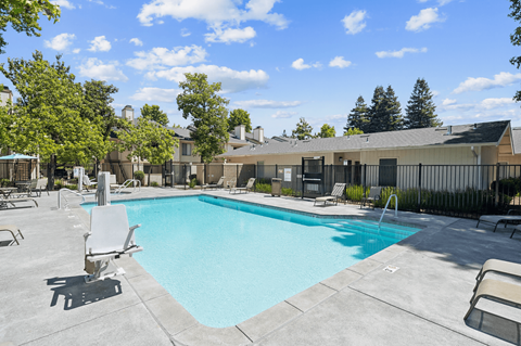 A large swimming pool surrounded by lounge chairs at Camino Creek, ROHNERT PARK, CA