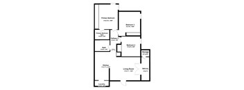 A floor plan of a house with a living room, two bedrooms, two bathrooms, a kitchen, and a laundry area.
