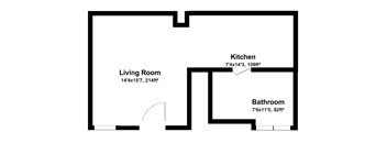A floor plan of a house with a living room, kitchen and bathroom.