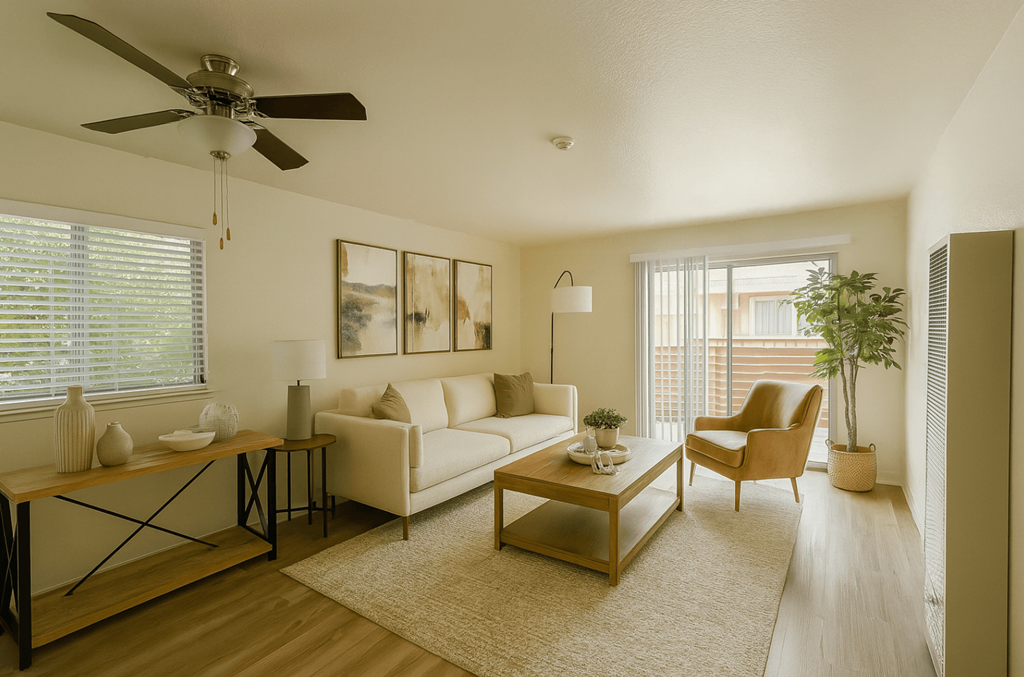 A living room with a white couch, a brown armchair, and a wooden coffee table.