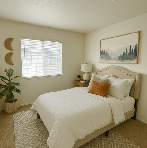 A bedroom with a large bed and a painting on the wall.