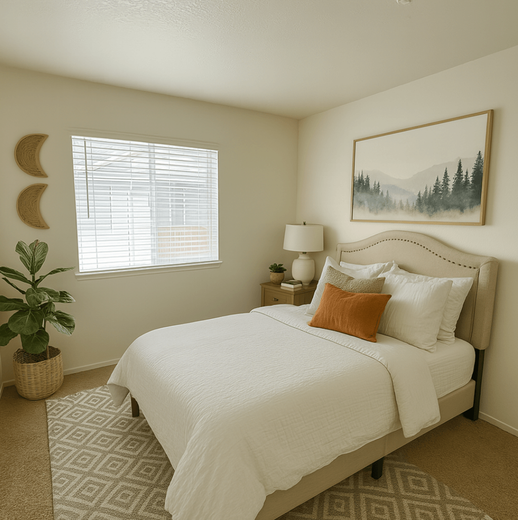 A bedroom with a large bed and a painting on the wall.