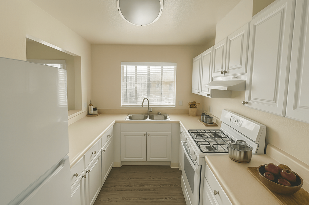 A white kitchen with a sink and a window.at Glenn Manor, Rohnert Park