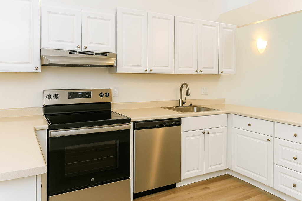 A kitchen with white cabinets and a black oven.at Hamilton Woods, Novato