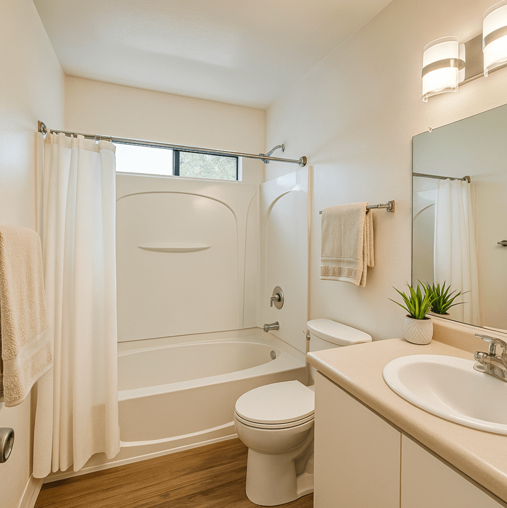 A white bathroom with a toilet, sink, and bathtub.at Hamilton Woods, Novato