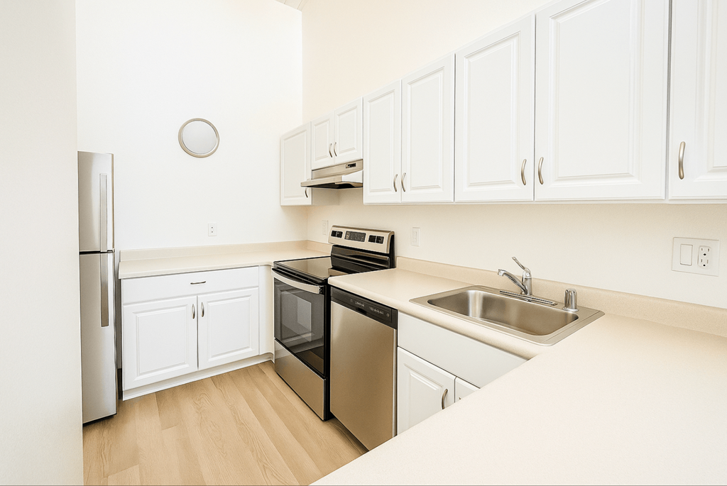 A kitchen with white cabinets and a black dishwasher.at Hamilton Woods, Novato California