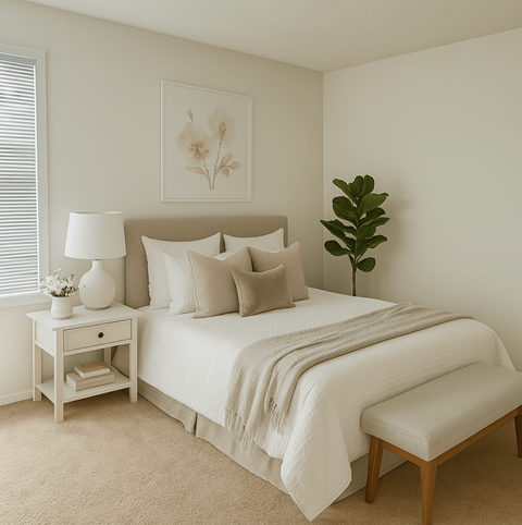 A bedroom with a large bed and a small table with a vase on it.