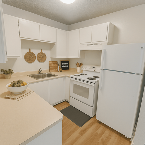 A white kitchen with a sink, stove, and refrigerator.