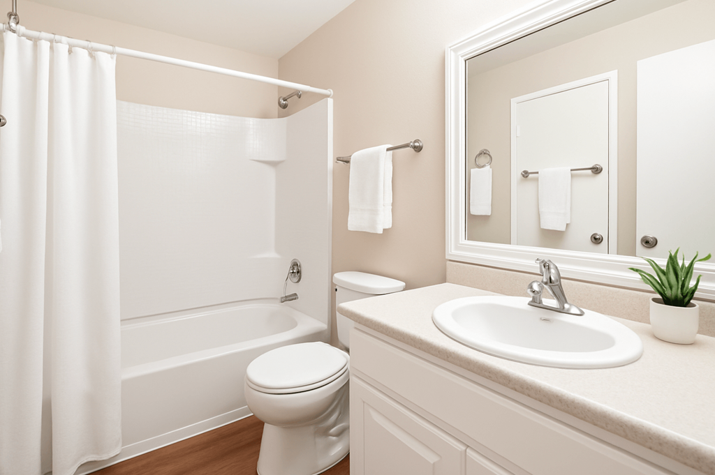 A white bathroom with a toilet, sink, and shower.at Posada West, California, 94949