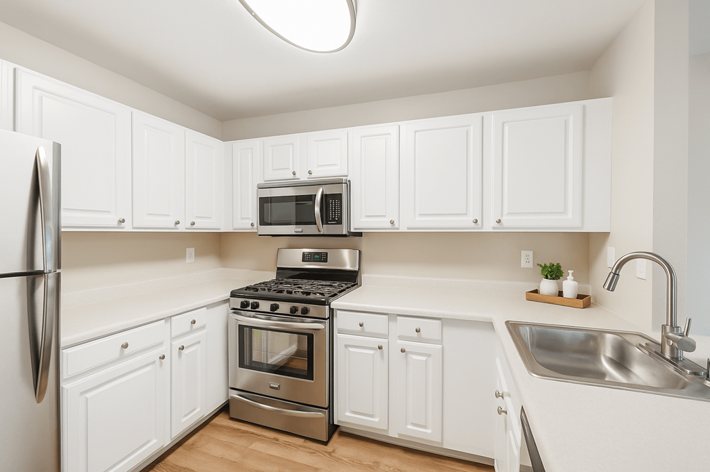 A kitchen with white cabinets and stainless steel appliances.at Posada West, Novato, CA 94949