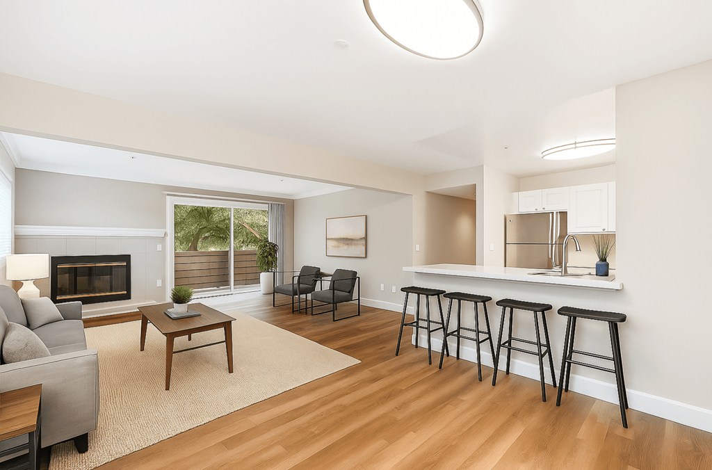 A living room with a fireplace and a bar area.