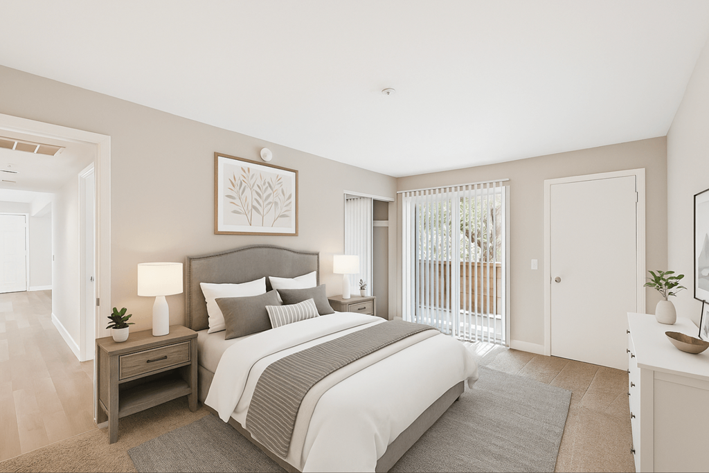 A bedroom with a large bed and a nightstand with a lamp.