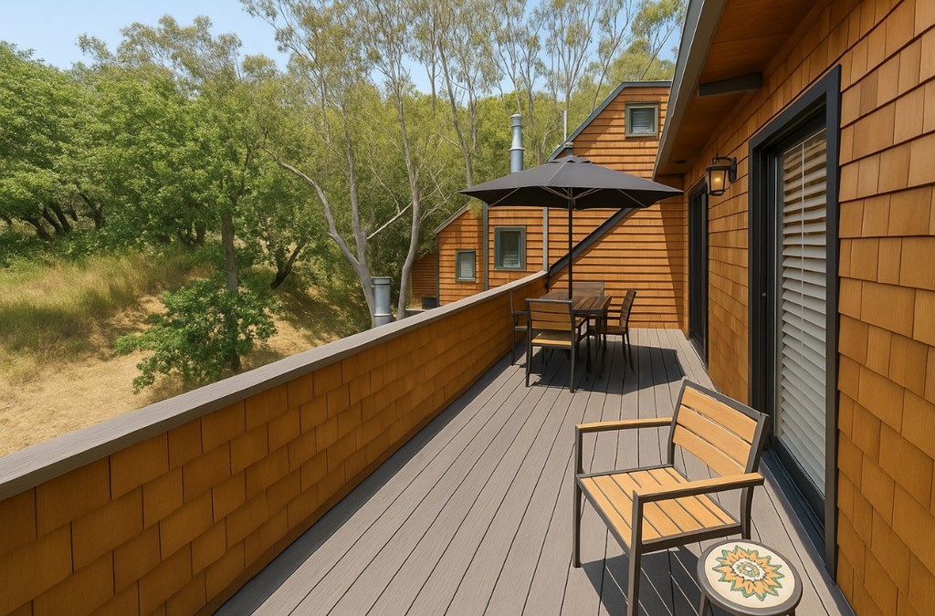 A wooden deck with a bench and a tableat Posada West, Novato, CA.