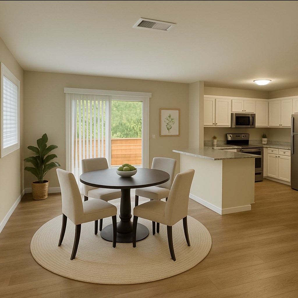 A dining room with a round table and chairs.