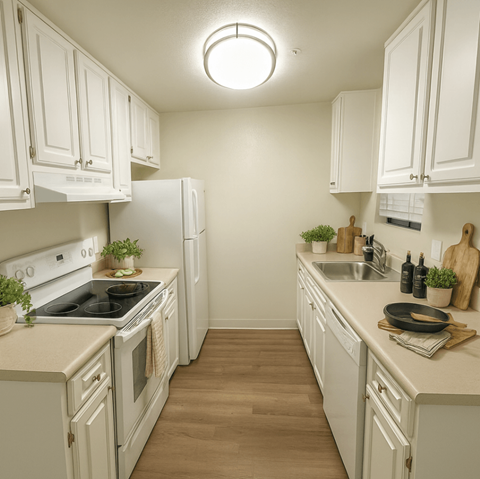 A kitchen with white cabinets and a wooden floor.