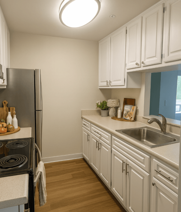 A kitchen with white cabinets and a stainless steel refrigerator.at Vintage Pointe, Rohnert Park, 94928