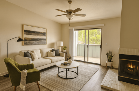 A living room with a fireplace, a sofa, a chair, a coffee table, and a painting on the wall.