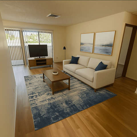 A living room with a white couch and a coffee table.