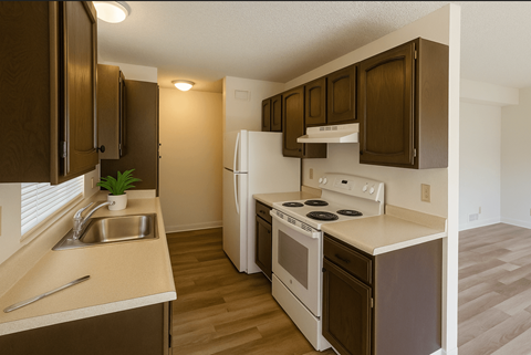 A kitchen with brown cabinets and white appliances.