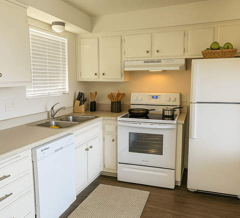 A white kitchen with a stove, sink, and refrigerator.at Posada East, Novato, 94949