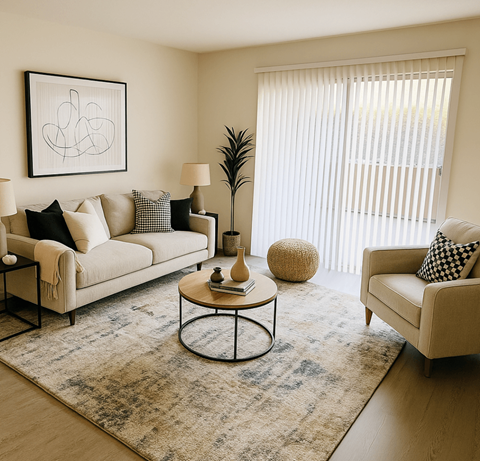 A living room with a beige sofa, a black and white checkered armchair, a round coffee table, and a large abstract painting on the wall.