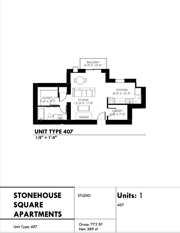A diagram of a stonehouse square apartment with a balcony, kitchen, and studio.